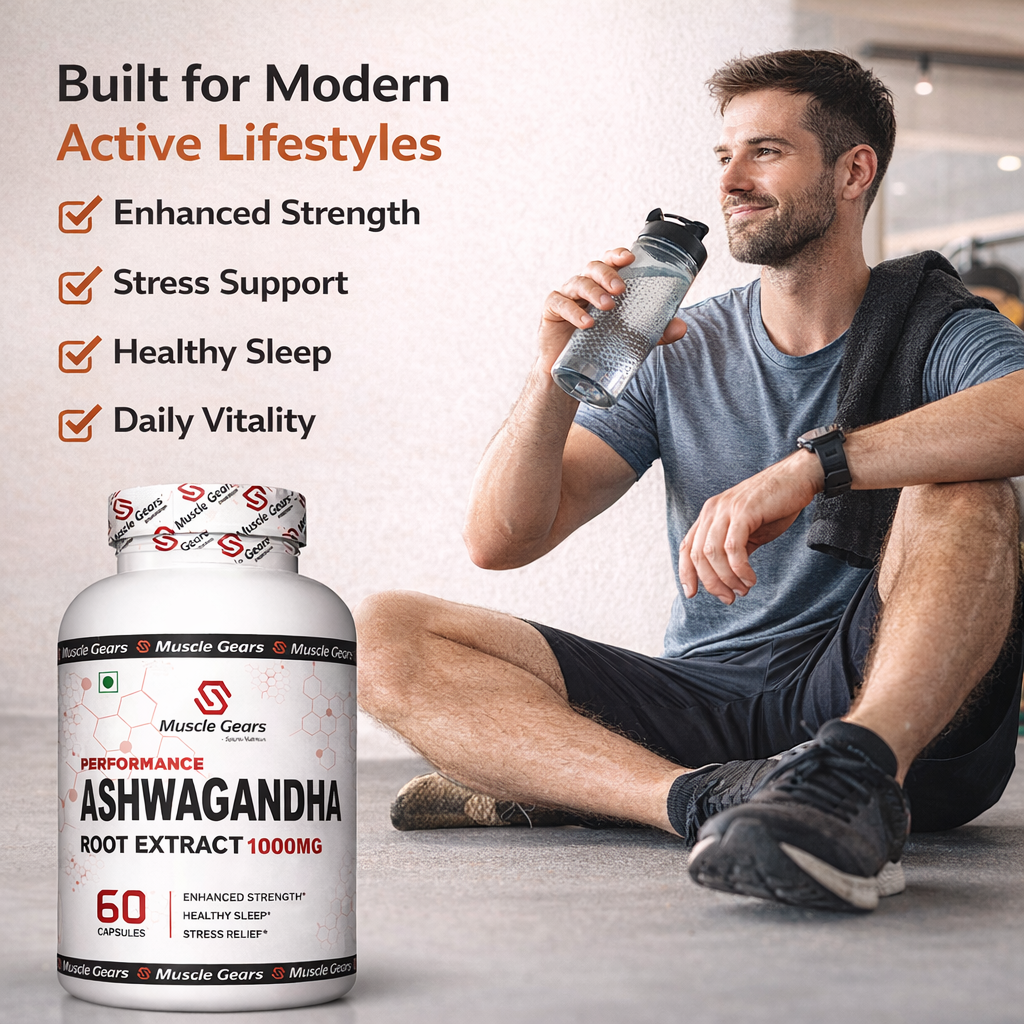 Muscle Gears Performance Ashwagandha Root Extract 1000mg | Supports Strength, Stress Relief & Healthy Sleep | High-Potency Herbal Supplement | 60 Capsules