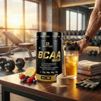 BCAA supplement container on a table with gym equipment in the background