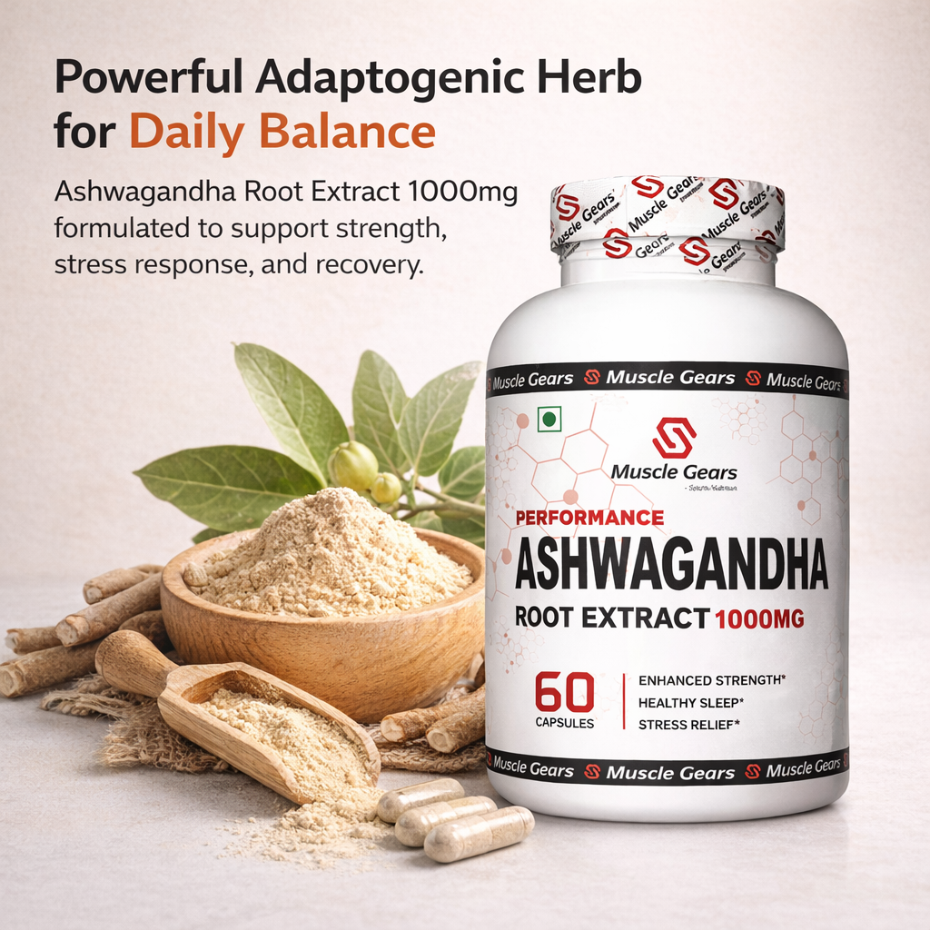 Muscle Gears Performance Ashwagandha Root Extract 1000mg | Supports Strength, Stress Relief & Healthy Sleep | High-Potency Herbal Supplement | 60 Capsules