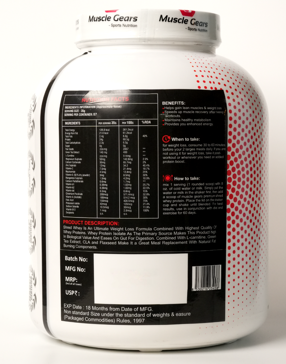Muscle Gears protein supplement container with label on a white background