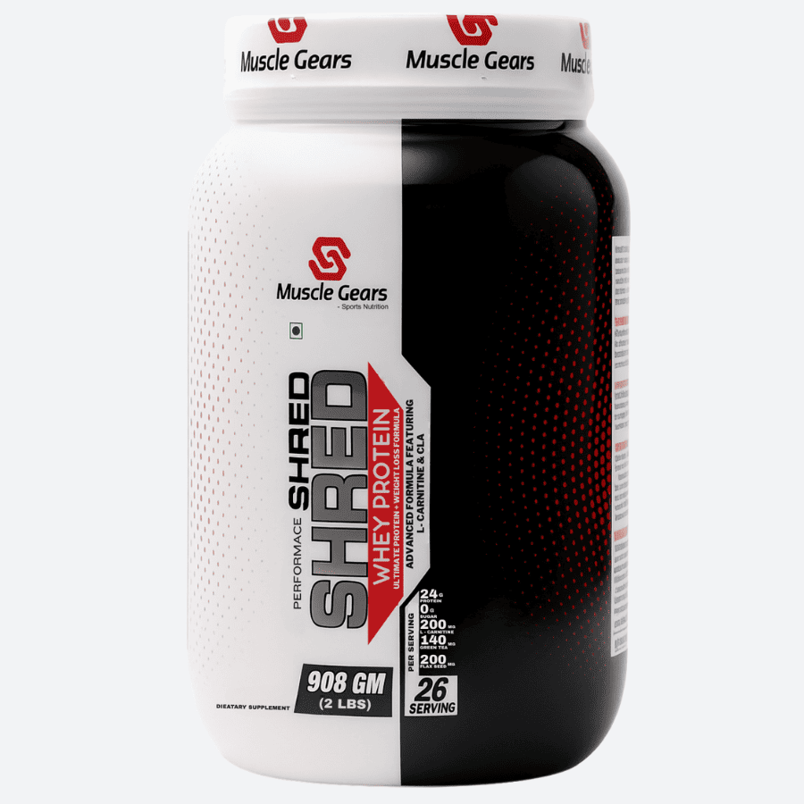 Muscle Gears Shred Whey Protein container on a white background