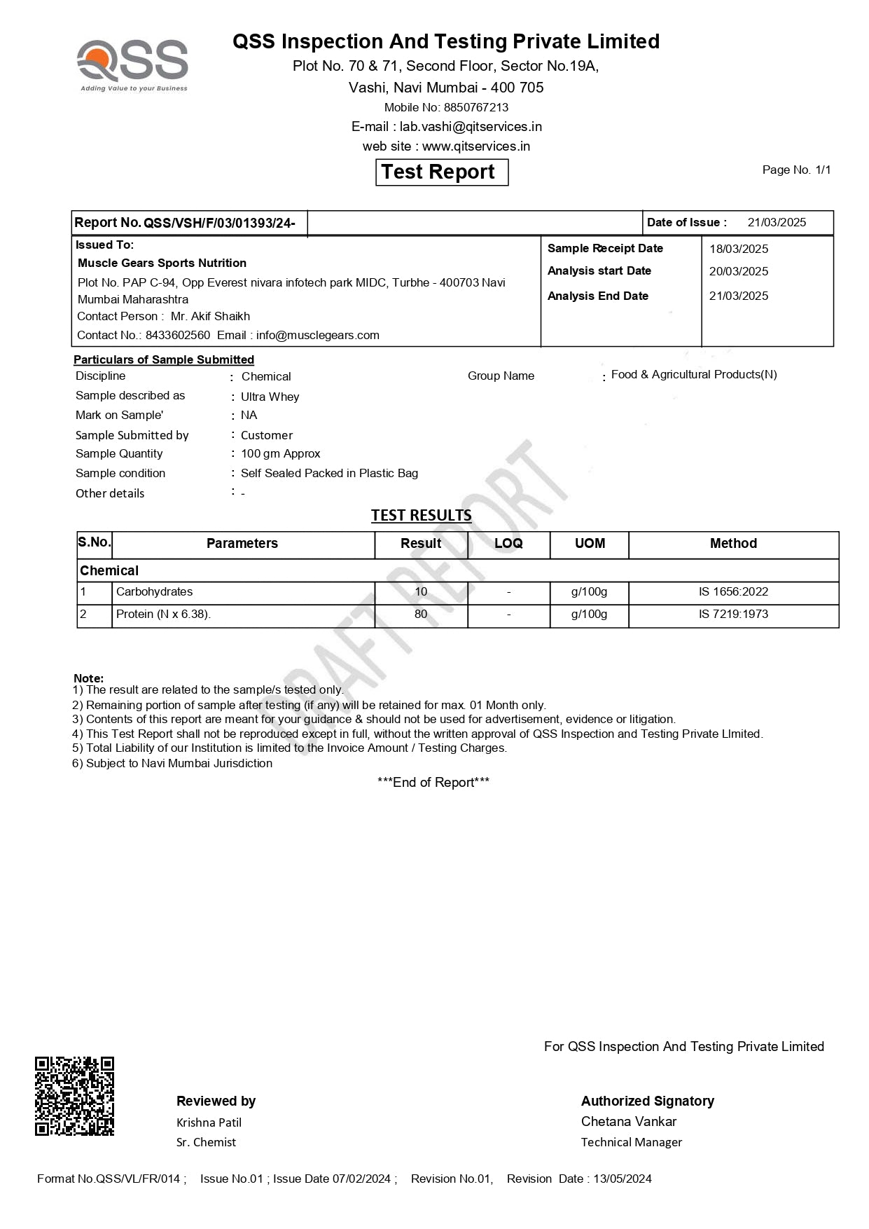 Test report from GSS Inspection And Testing Private Limited with test results and contact information.