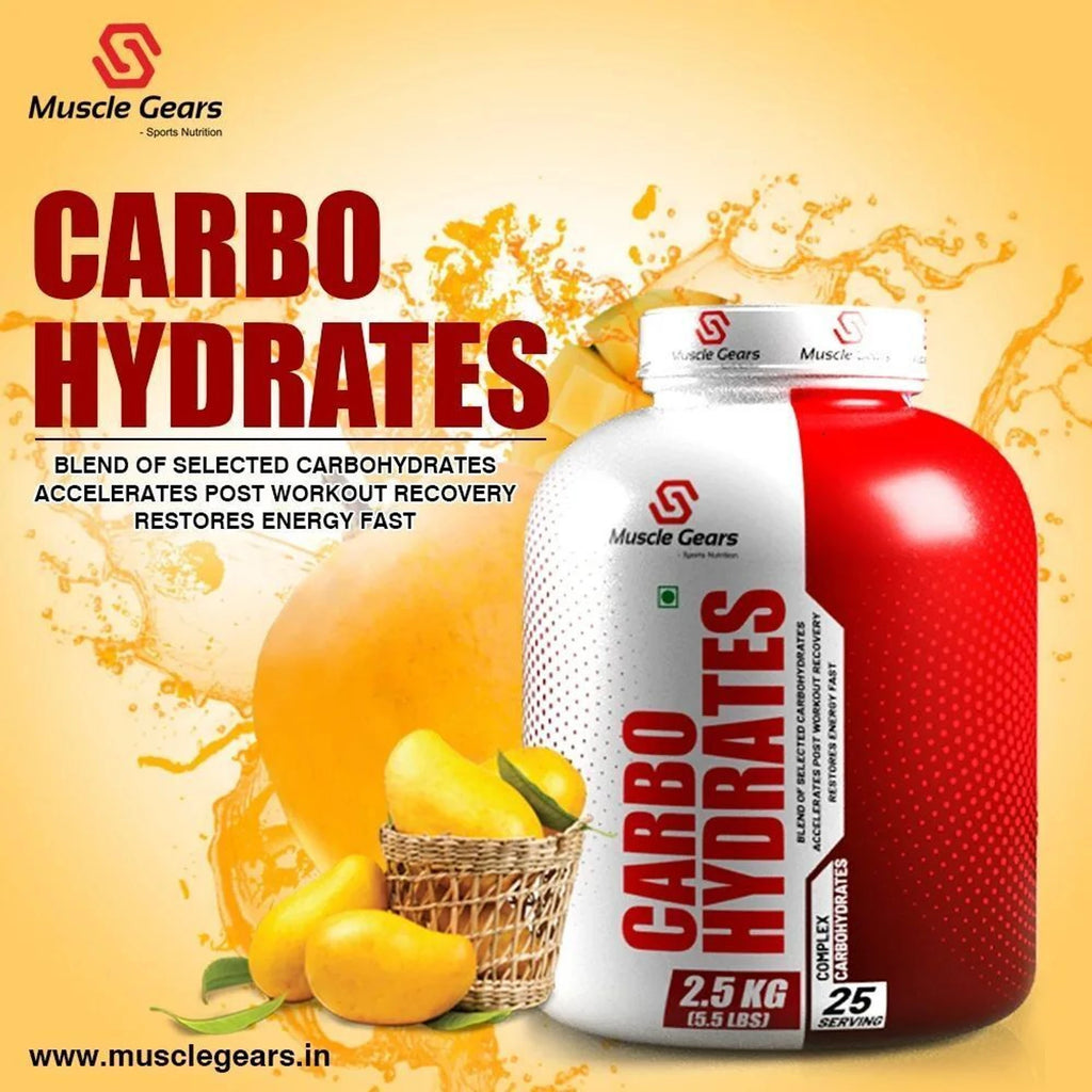 Muscle Gears Carbo Hydrates supplement with orange and lemon graphics on a yellow background