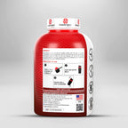 Red supplement container with white label on a gray background