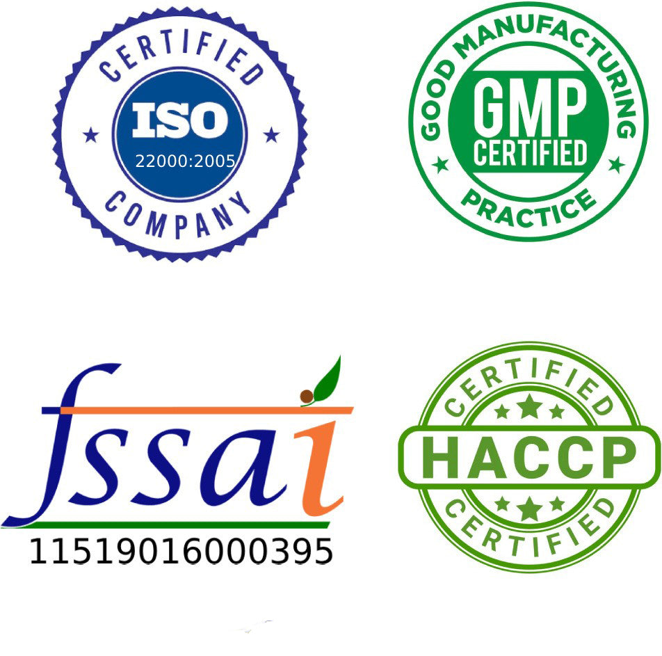 Four certification logos including ISO, GMP, FSSAI, and HACCP on a white background.