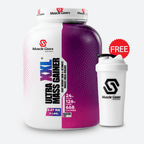 Purple protein supplement container with white cap and 'Muscle Gears' branding, including a free shaker.